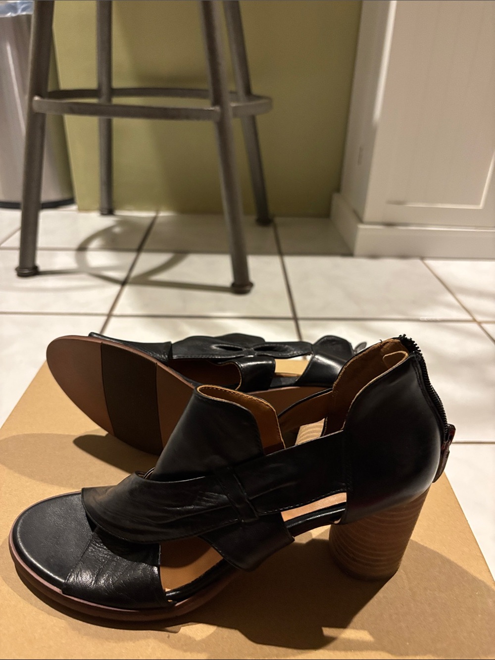 Black Leather Cutout Block Heel Sandals